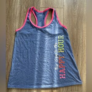 Womens RACERBACK TANK TOP Fitness THE GYM IS MY HAPPY HOUR Blue -Pink Trim